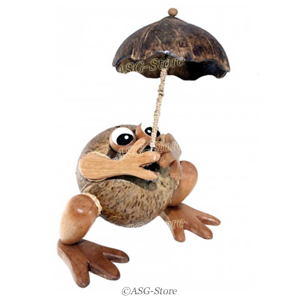 Kokosnuss Spardose im tollen Design als Frosch mit Regenschirm